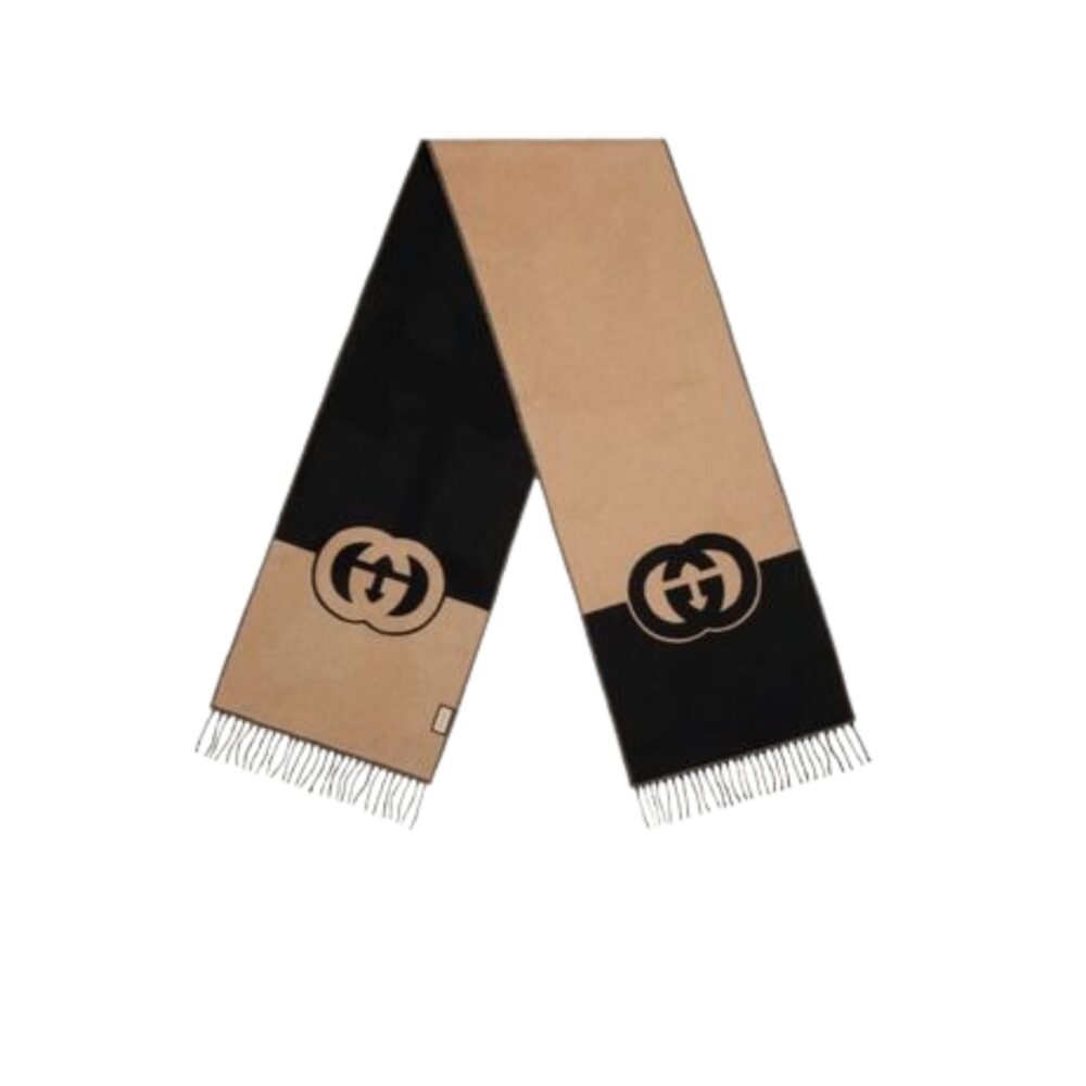 GUCCI WOOL CASHMERE SCARF WITH INTERLOCKING G BROWN 715497 3GB02 4978