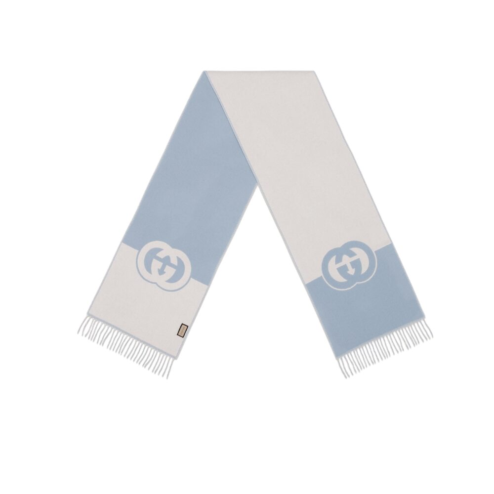 GUCCI WOOL CASHMERE SCARF WITH INTERLOCKING G BLUE 715497 3GB02 4978