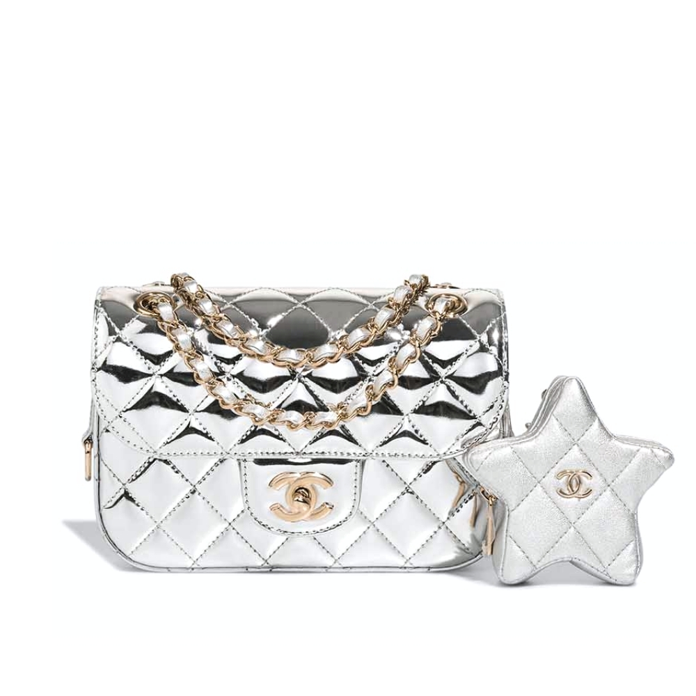 CHANEL MINI FLAP BAG STAR COIN PURSE SILVER 24CM AS4648 B14873 NT666