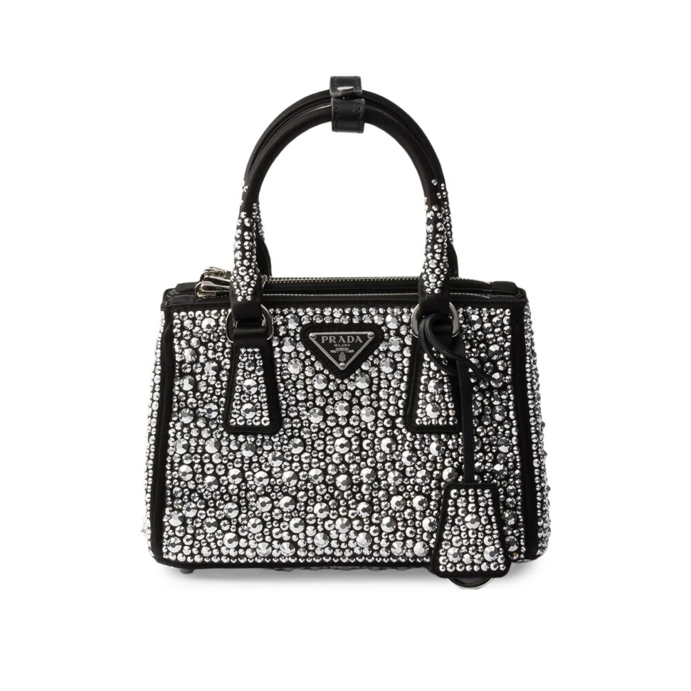 PRADA GALLERIA SATIN MINI BAG WITH CRYSTALS METAL 23CM 1BA906 2AWL F063R V EOY