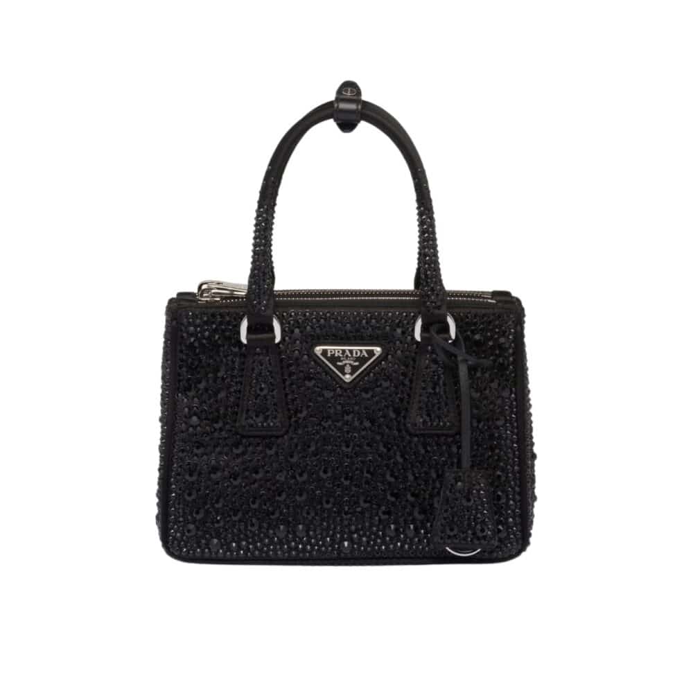 PRADA GALLERIA SATIN MINI BAG WITH CRYSTALS BLACK 23CM 1BA906 2AWL F0002 V EOY