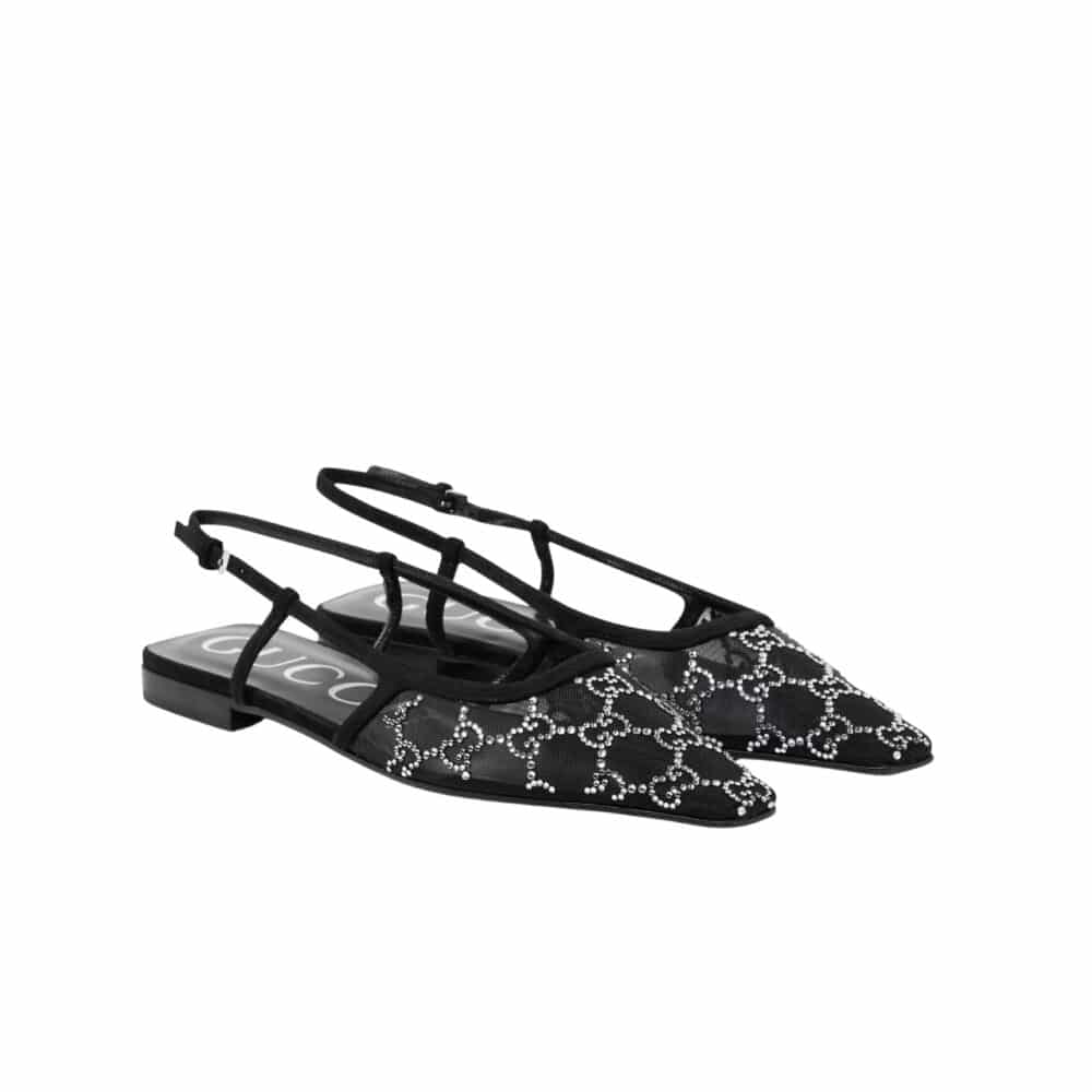 GUCCI GG EMBELLISHED SLINGBACK FLATS BLACK