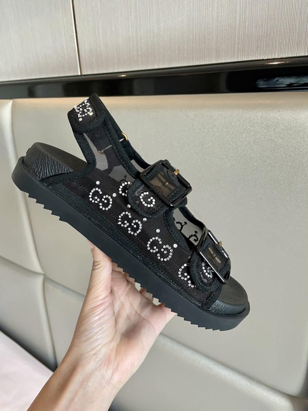 GUCCI GG SANDAL WITH CRYSTALS BLACK 701158 F13A0 1000 - Image 4
