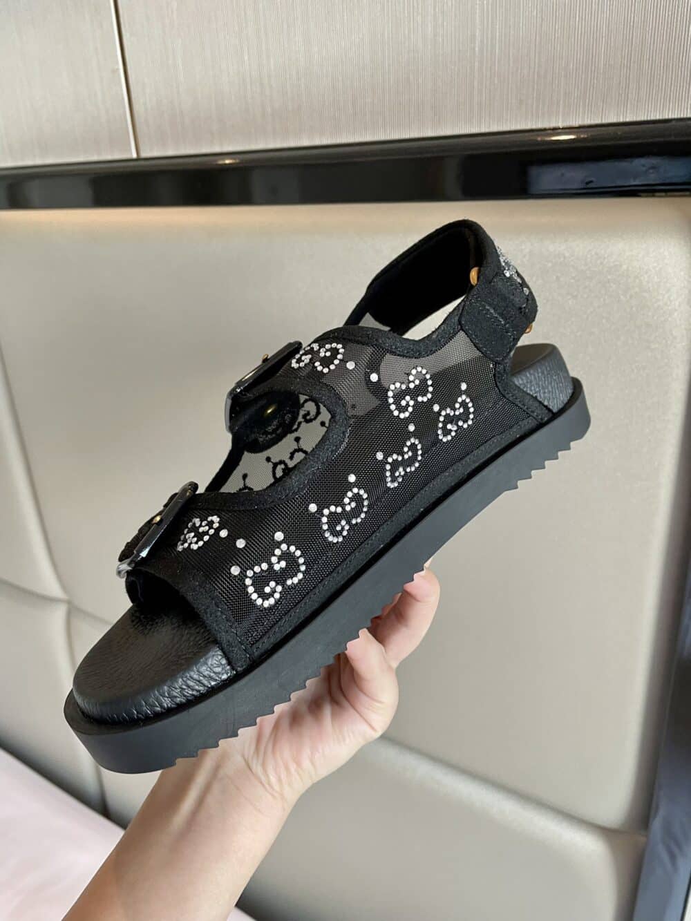GUCCI GG SANDAL WITH CRYSTALS BLACK 701158 F13A0 1000 - Image 3