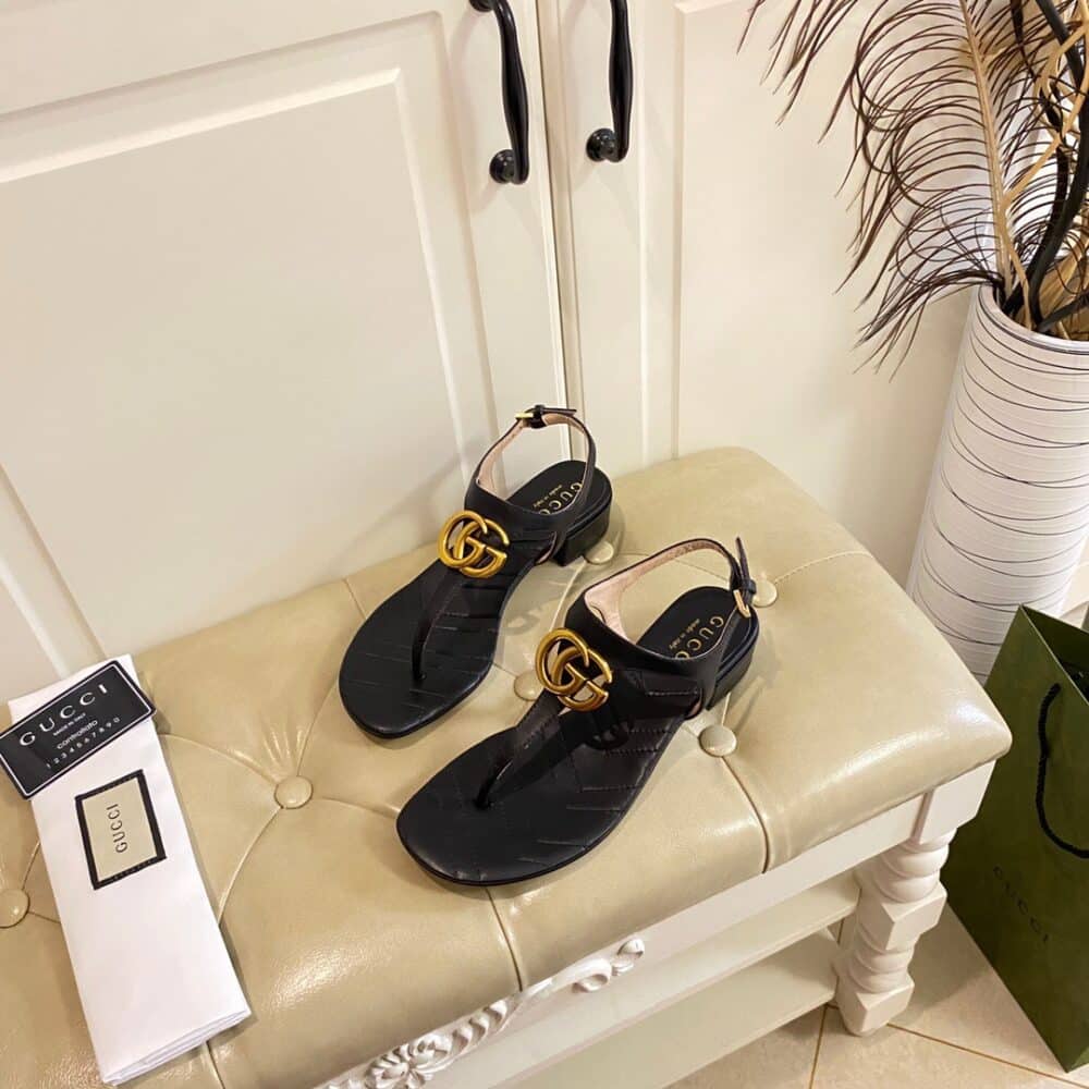 GUCCI DOUBLE G SANDAL LEATHER BLACK 674840 BKO00 1000 - Image 4