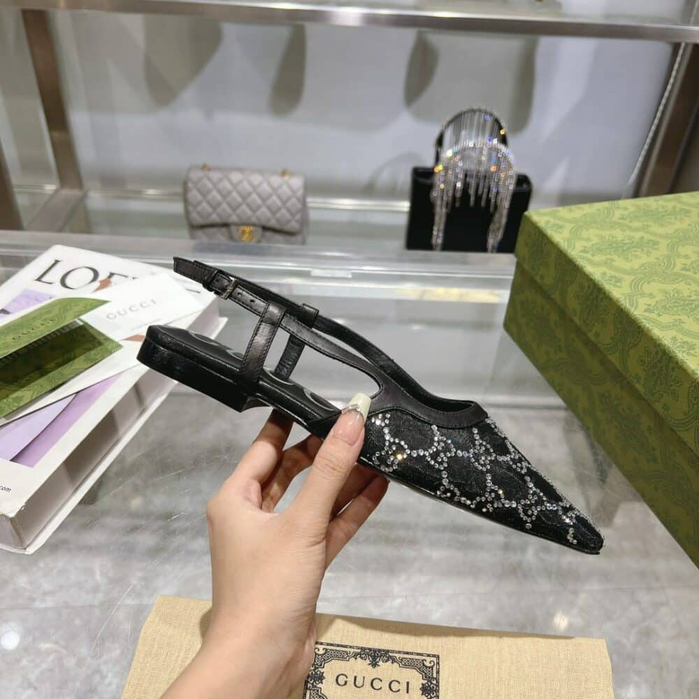 GUCCI GG EMBELLISHED SLINGBACK FLATS BLACK - Image 4