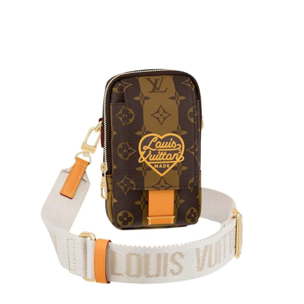 LOUIS VUITTON FLAP DOUBLE PHONE POUCH MONOGRAM STRIPES BROWN CANVAS 18CM M81005