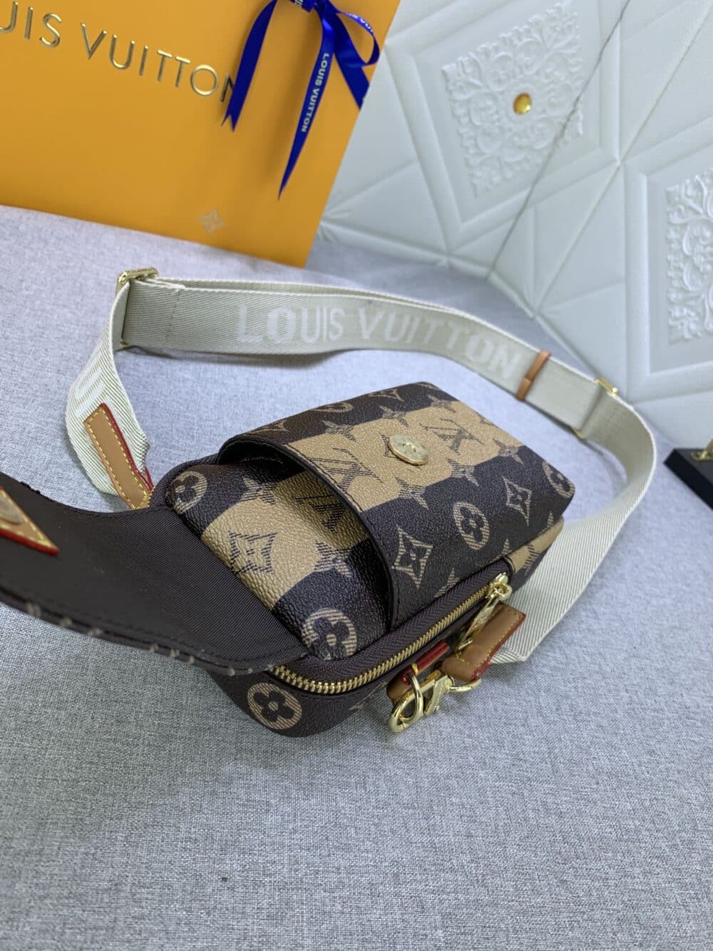 LOUIS VUITTON FLAP DOUBLE PHONE POUCH MONOGRAM STRIPES BROWN CANVAS 18CM M81005 - Image 6