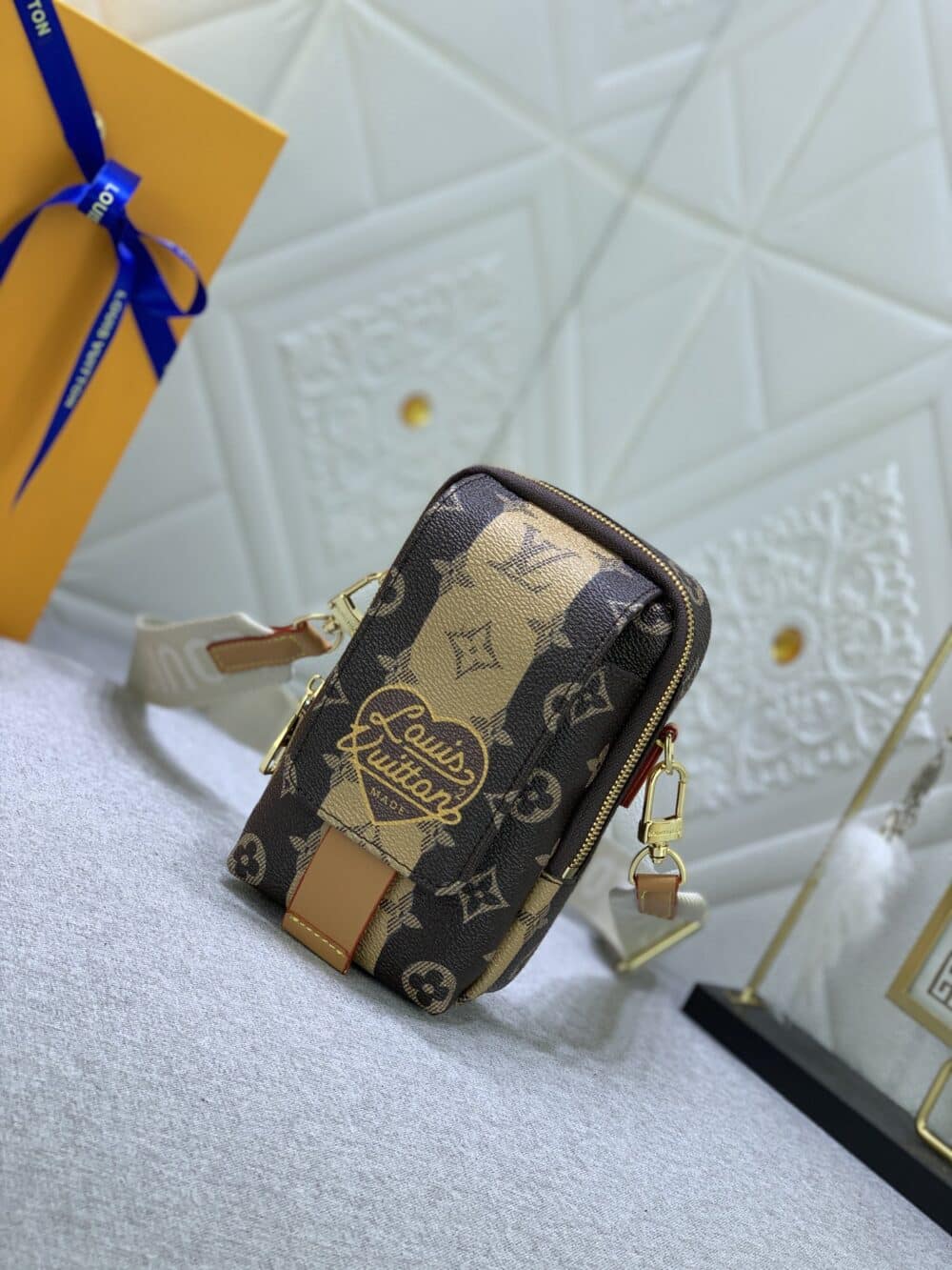 LOUIS VUITTON FLAP DOUBLE PHONE POUCH MONOGRAM STRIPES BROWN CANVAS 18CM M81005 - Image 9