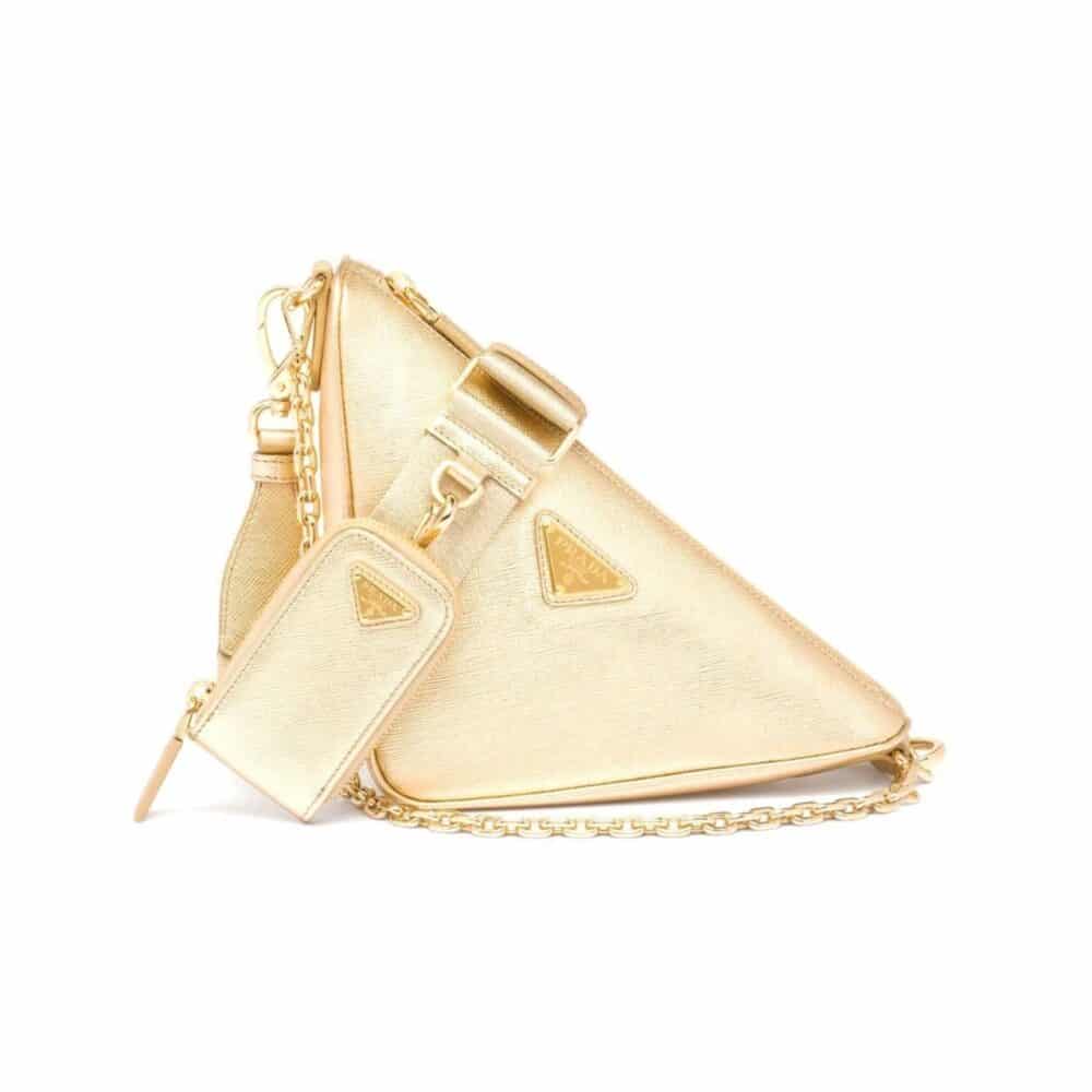 PRADA TRIANGLE SAFFIANO LEATHER SHOULDER BAG GOLD 28CM