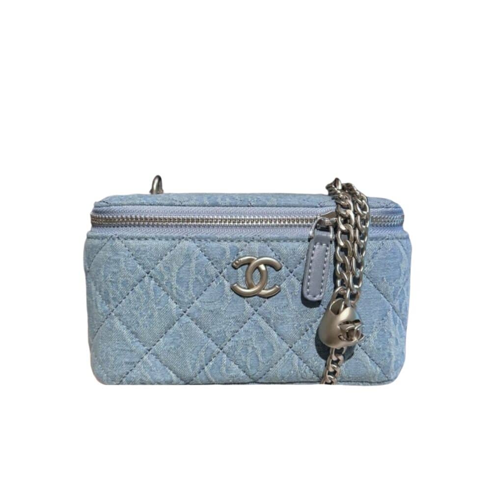 CHANEL CAMELLIA DENIM VANITY BAG WITH HEART CHAIN LIGHT BLUE 18CM