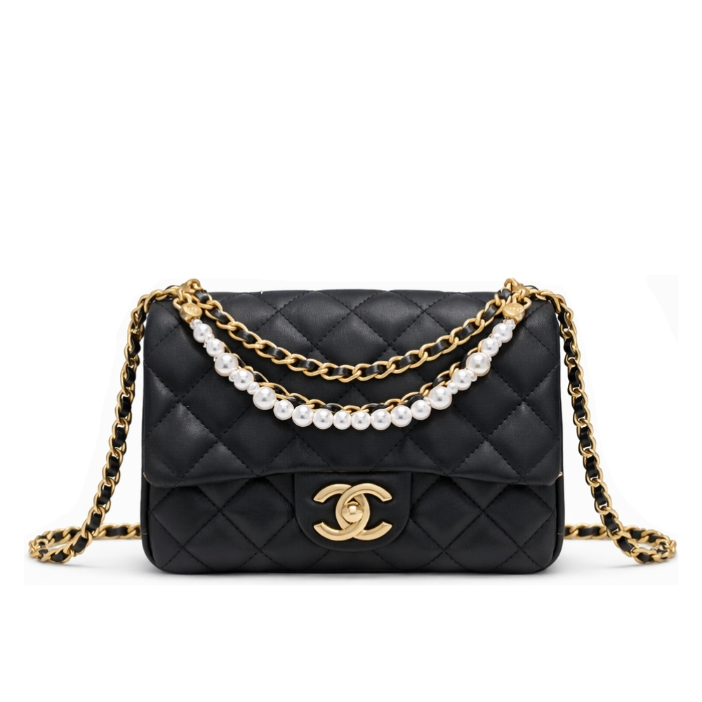 Chanel Mini Flap Bag Shiny Imitation Pearls And Gold Tone Metal Black 17Cm