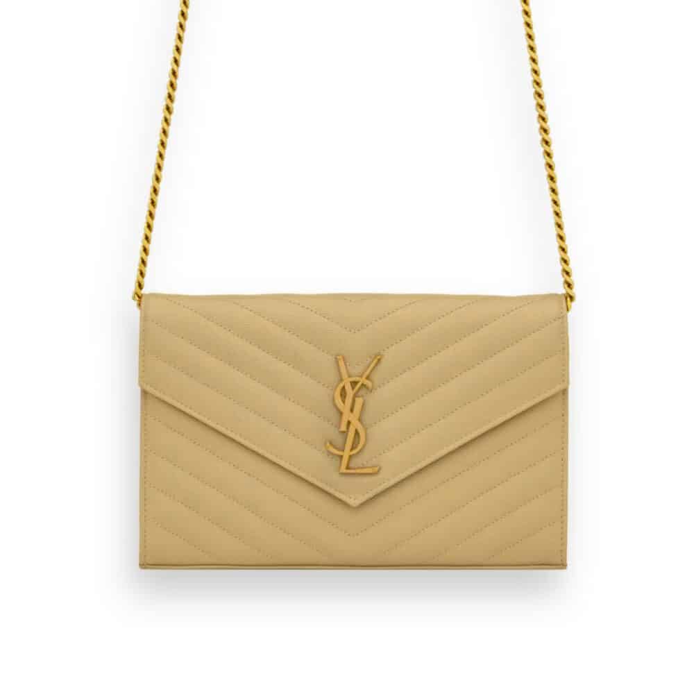 SAINT LAURENT CLASSIC CASSANDRE CHAIN WALLET IN GRAIN DE POUDRE LEATHER BEIGE 22CM 377828BOW012721