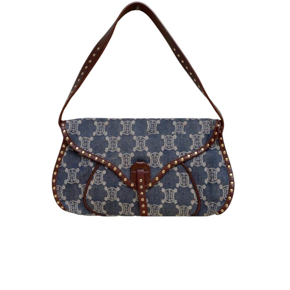 CELINE STUDDED BAGUETTE BAG MACADAM DENIM BLUE BROWN 25CM