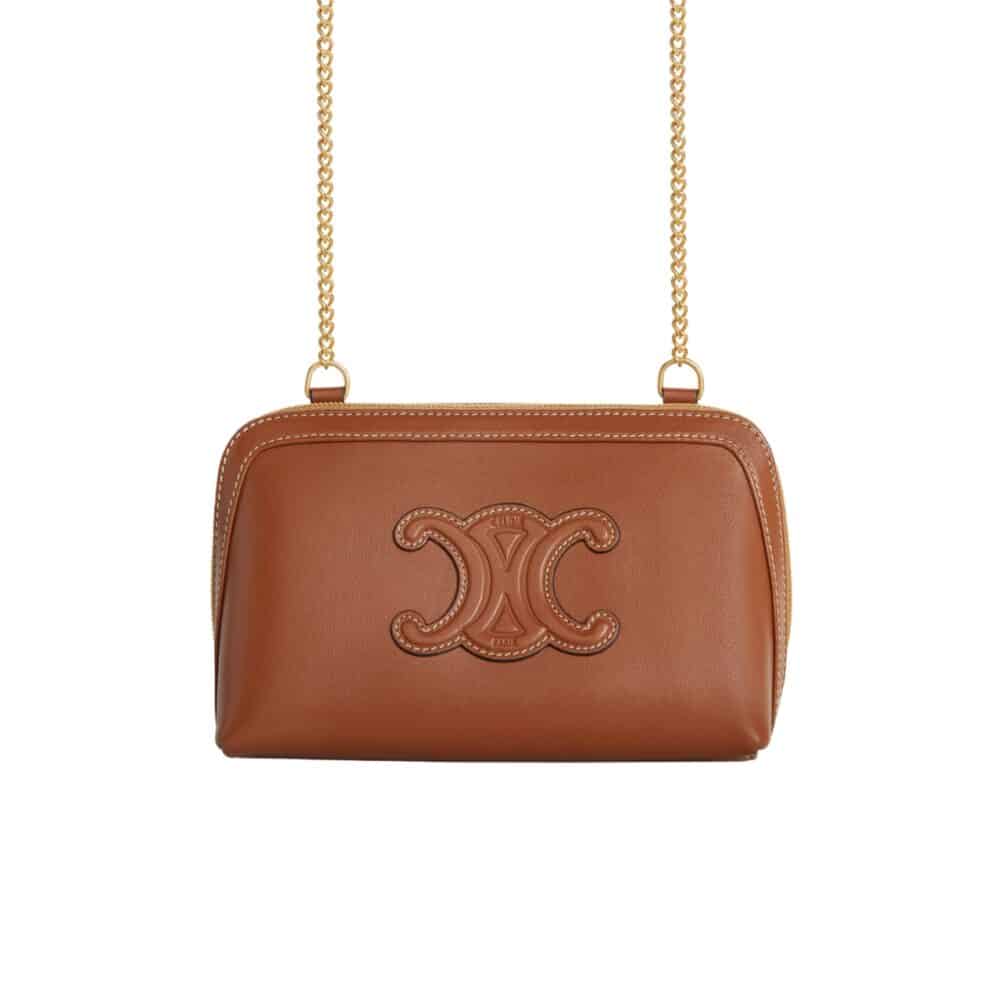 CELINE CLUTCH ON CHAIN CUIR TRIOMPHE IN TEXTILE AND CALFSKIN BROWN 17CM 10E383DR8 04LU