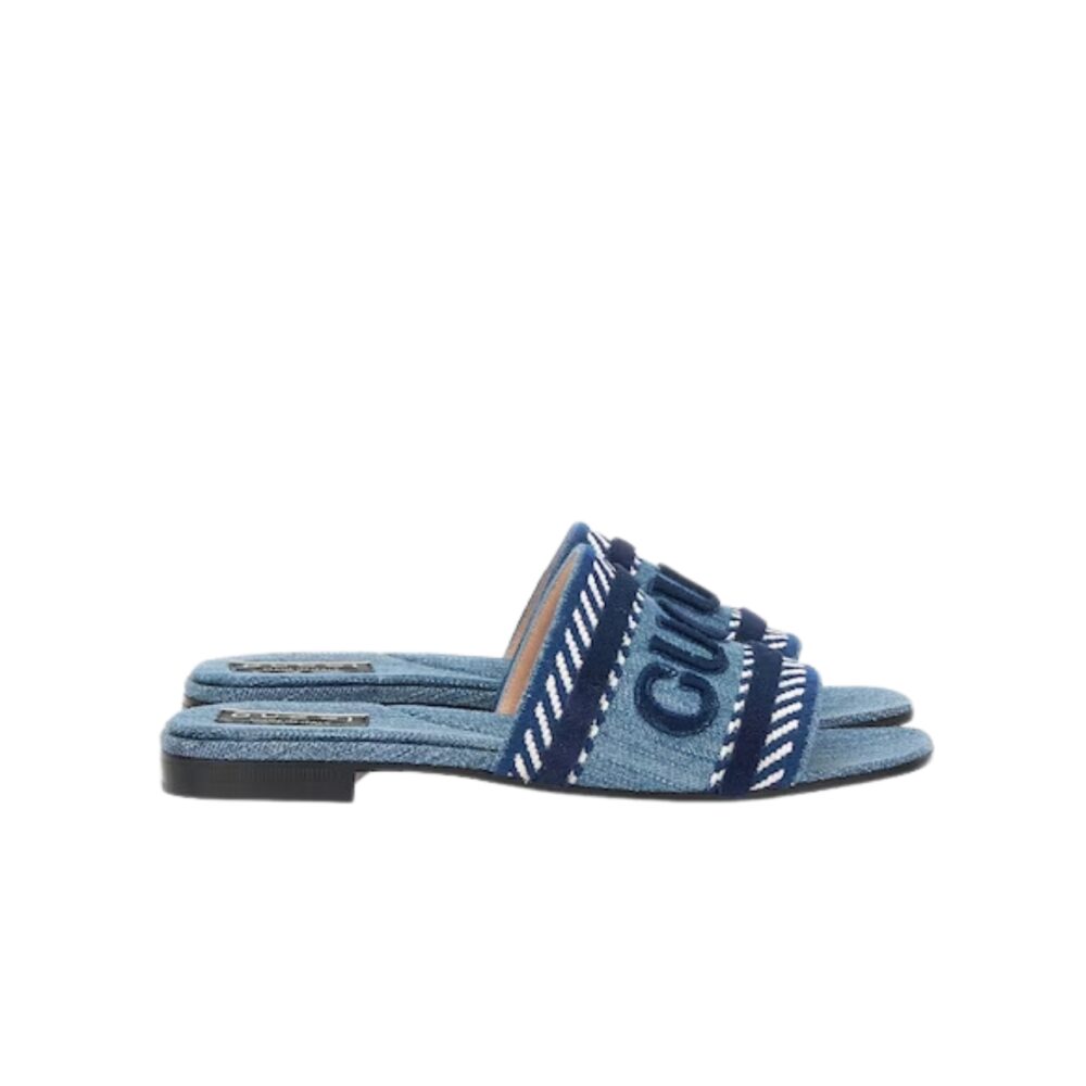 GUCCI WOMEN'S SLIDE SANDAL WITH GUCCI SCRIPT LIGHT BLUE DENIM 771589 FACK3 4609