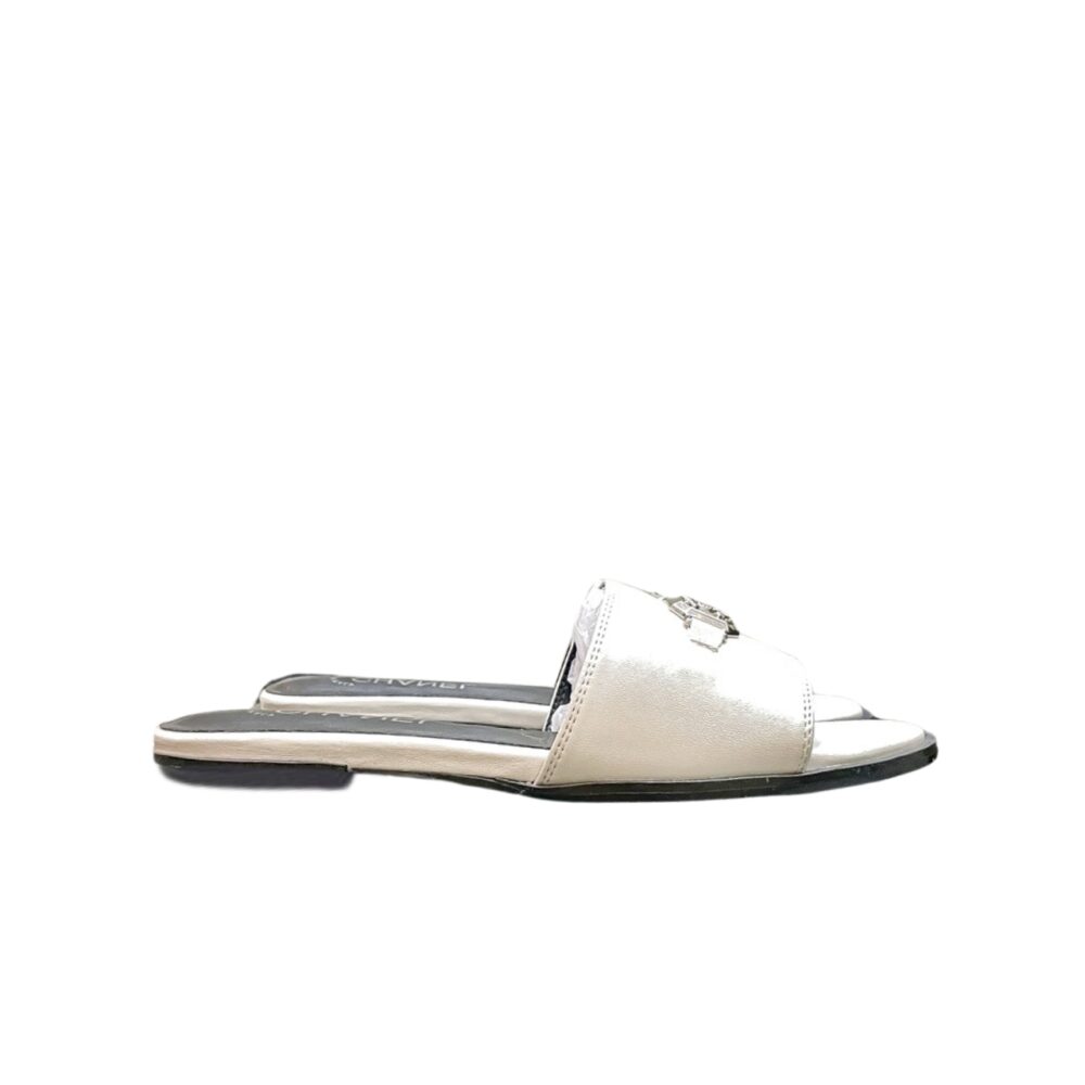 CHANEL SLIPPERS WITH CC SILVER HARDWARE WHITE