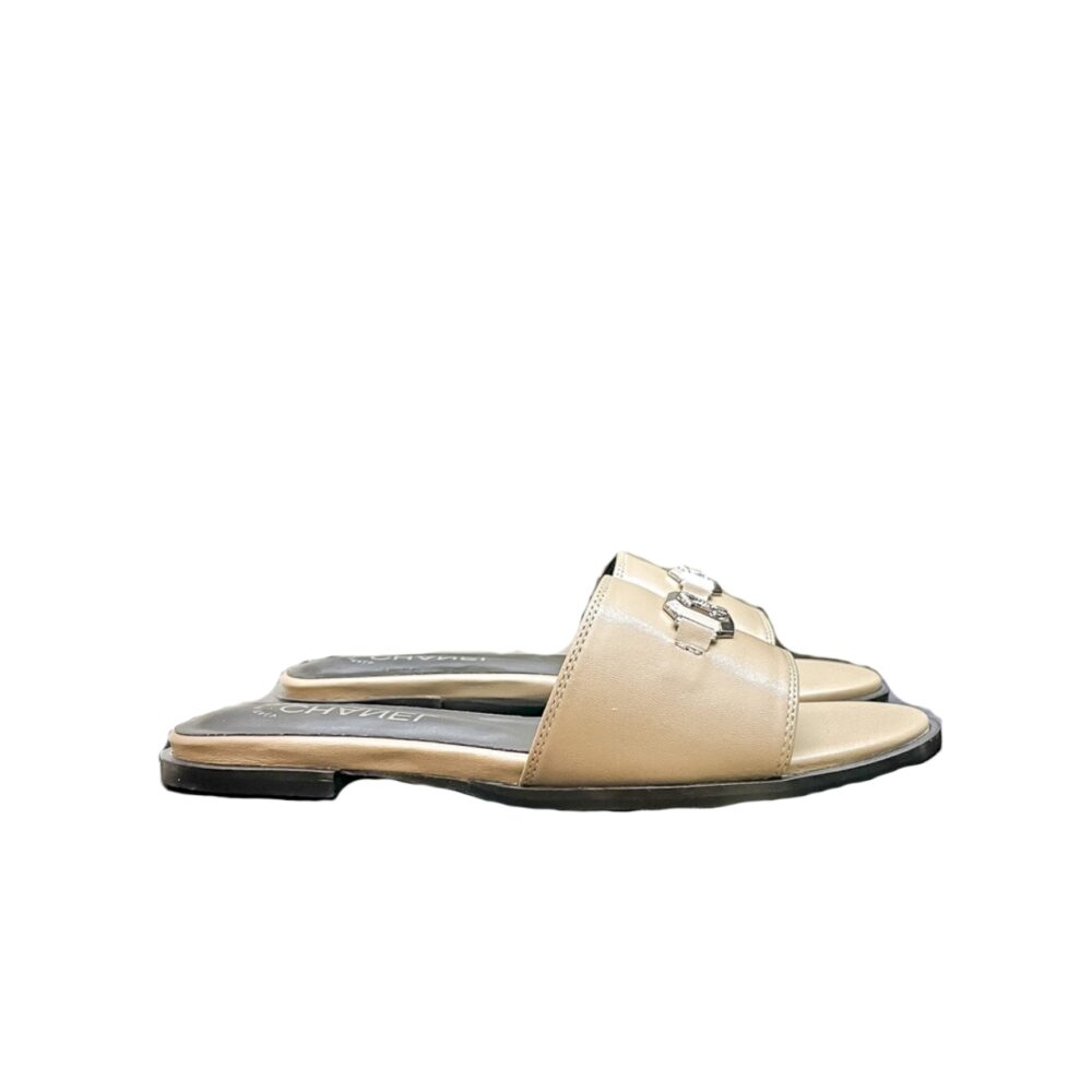 CHANEL SLIPPERS WITH CC SILVER HARDWARE BEIGE