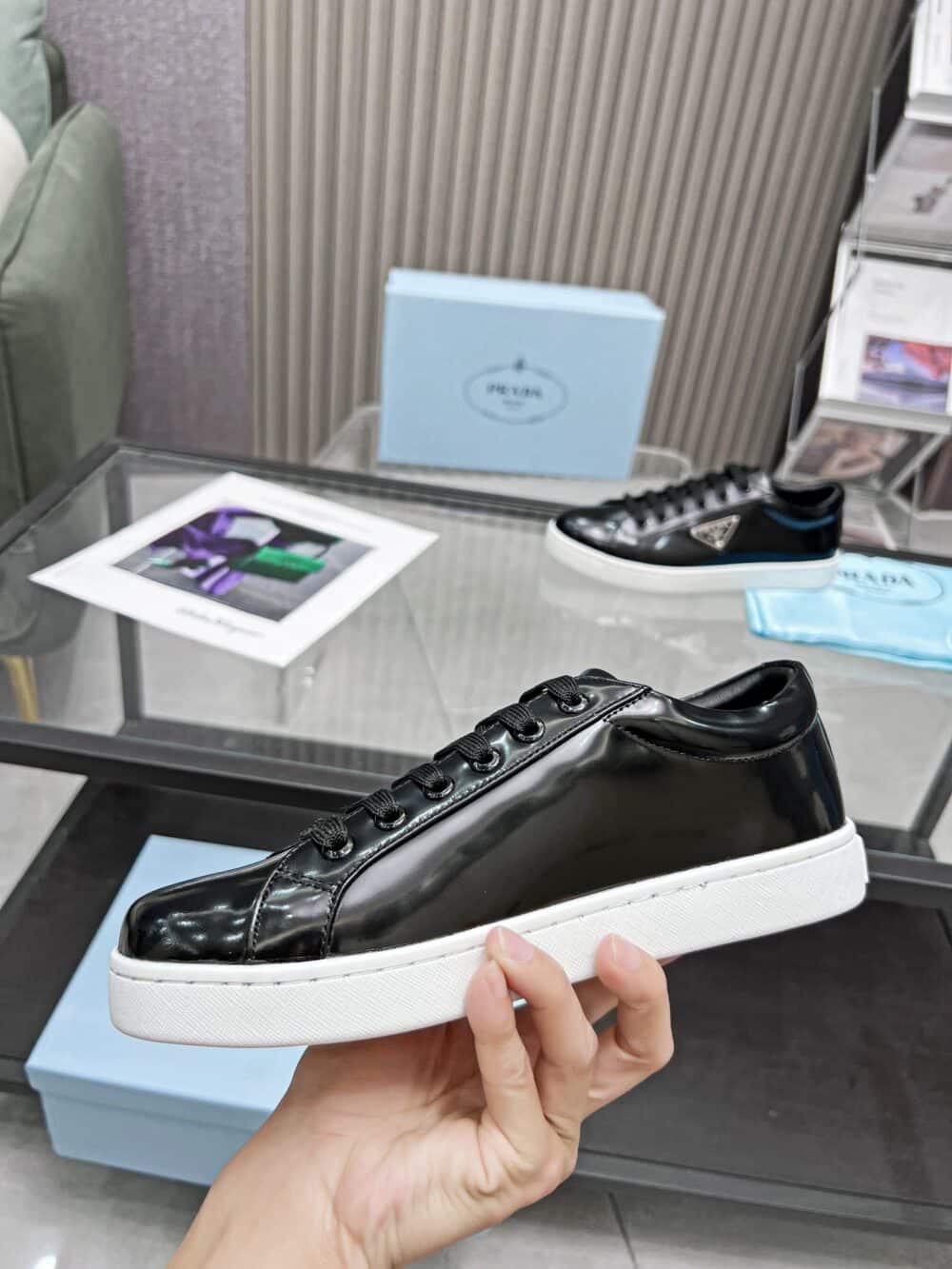 PRADA LOGO SNEAKERS IN BRUSHED LEATHER BLACK - Image 6