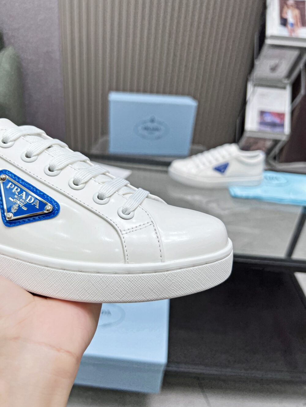 PRADA BRUSHED SNEAKERS LEATHER WHITE WHITE COBALT BLUE - Image 6