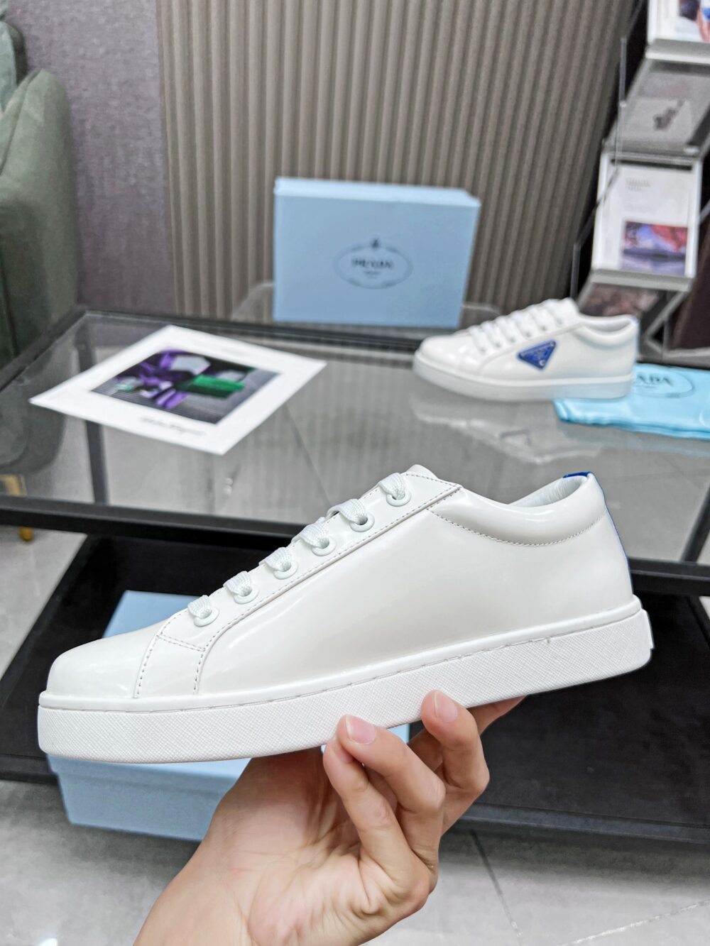 PRADA BRUSHED SNEAKERS LEATHER WHITE WHITE COBALT BLUE - Image 5