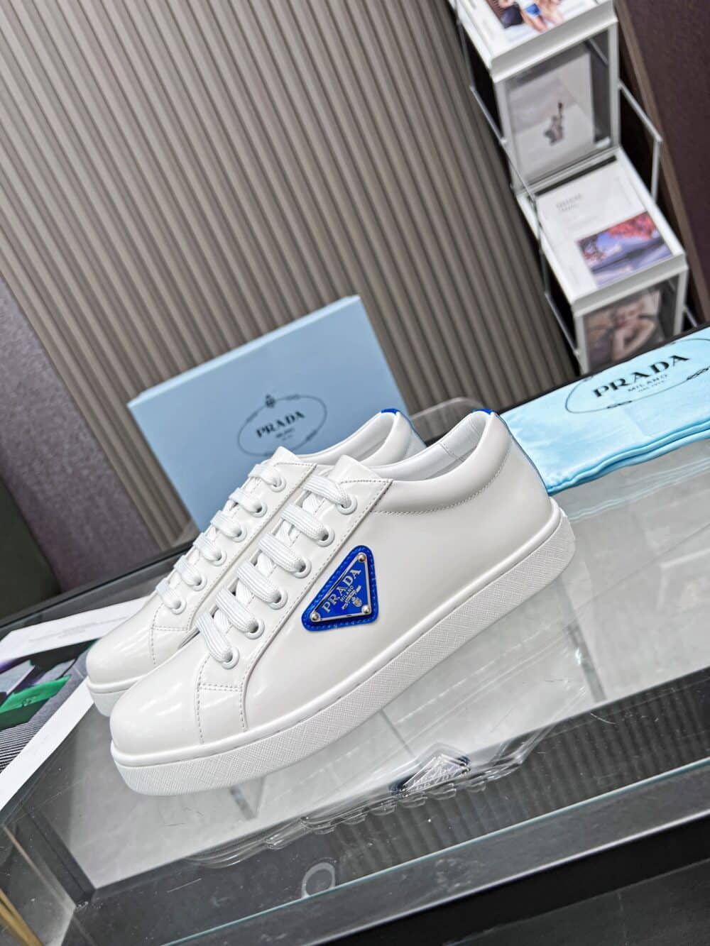 PRADA BRUSHED SNEAKERS LEATHER WHITE WHITE COBALT BLUE - Image 3