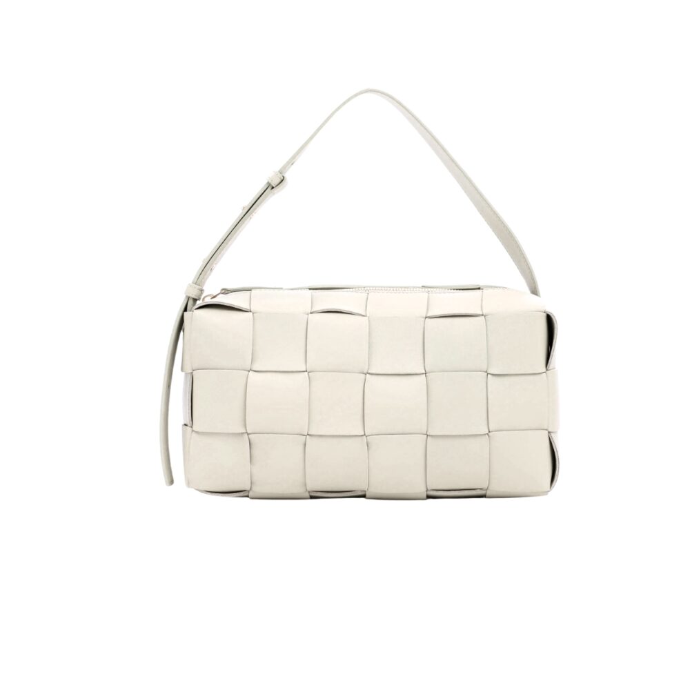 BOTTEGA VENETA BRICK CASSETTE INTRECCIO LEATHER SHOULDER BAG WHITE 28CM