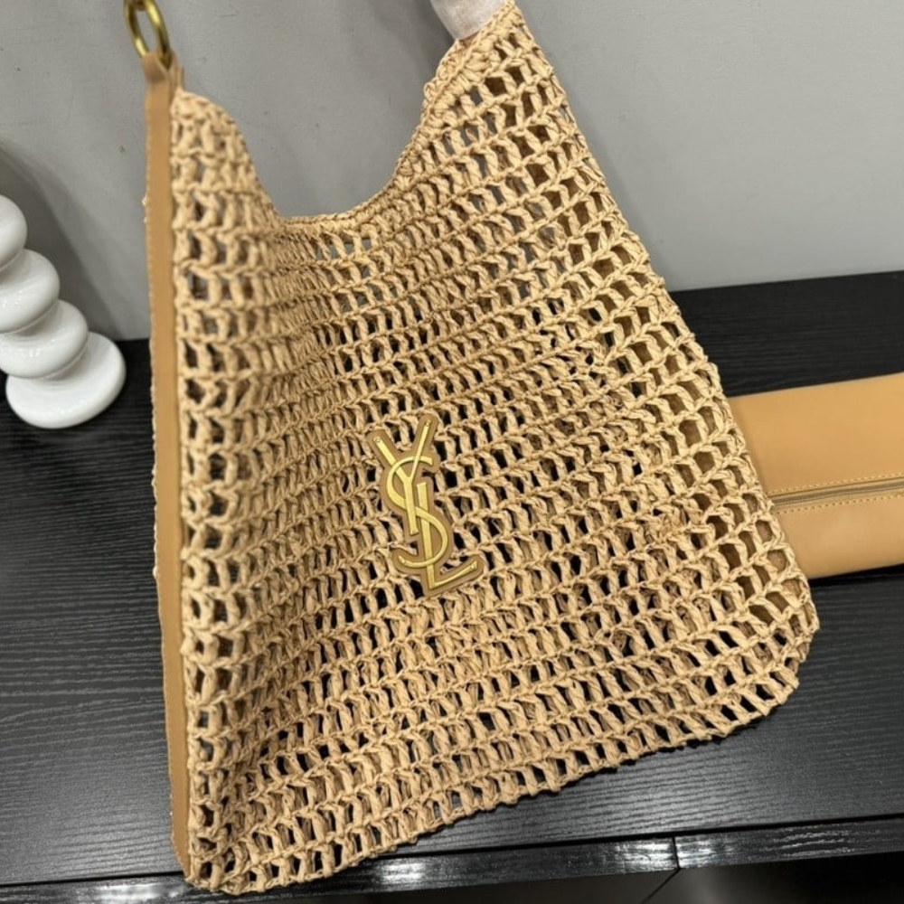 Alternative view of SAINT LAURENT OXALIS IN RAFFIA CROCHET AND LEATHER VINTAGE BROWN 41CM 773984GAAEB9718