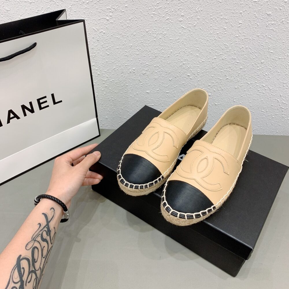 CHANEL CC ESPADRILLES SLIP ON SHEEPSKIN BEIGE BLACK G29762 X01000 C0204 - Image 7
