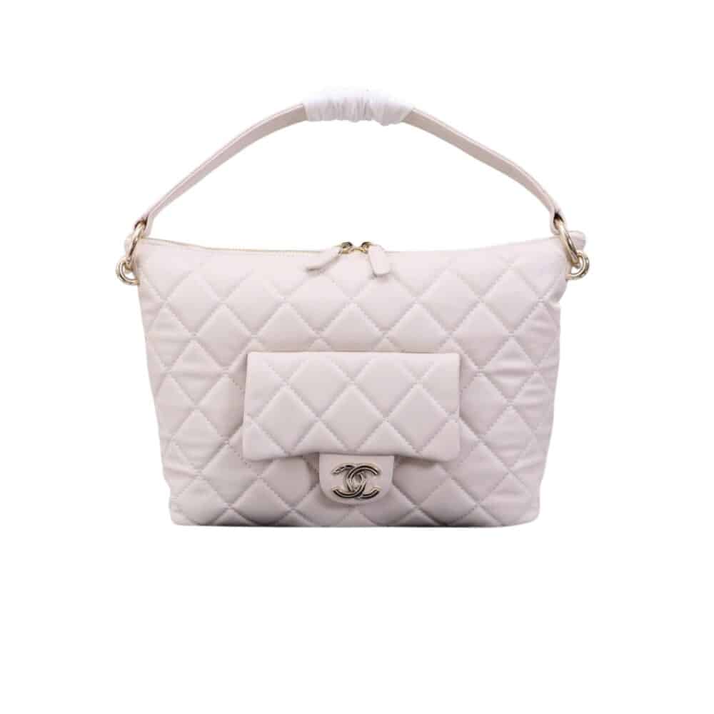 CHANEL MAXI HOBO BAG BLACK CALFSKIN AND GOLD TONE METAL WHITE 28CM AS4339