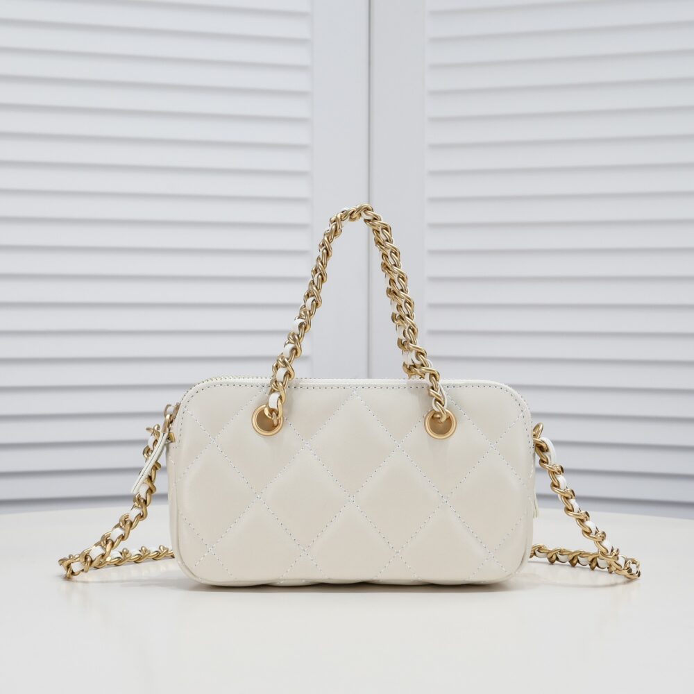 CHANEL HANDBAG GOLD TONE METAL WHITE 20CM - Image 8