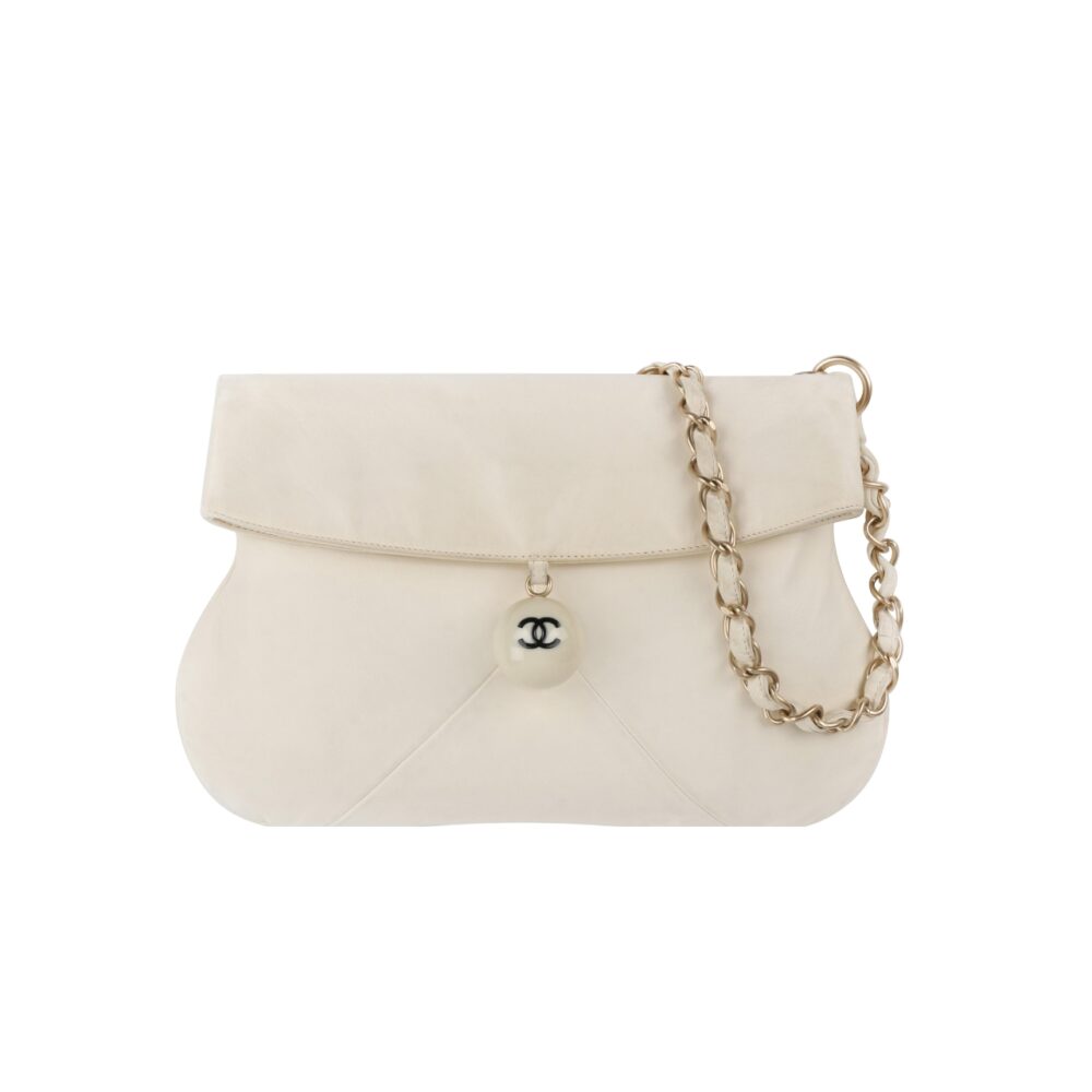 CHANEL LEATHER CUE BALL FOLDOVER BAG IVORY 26CM