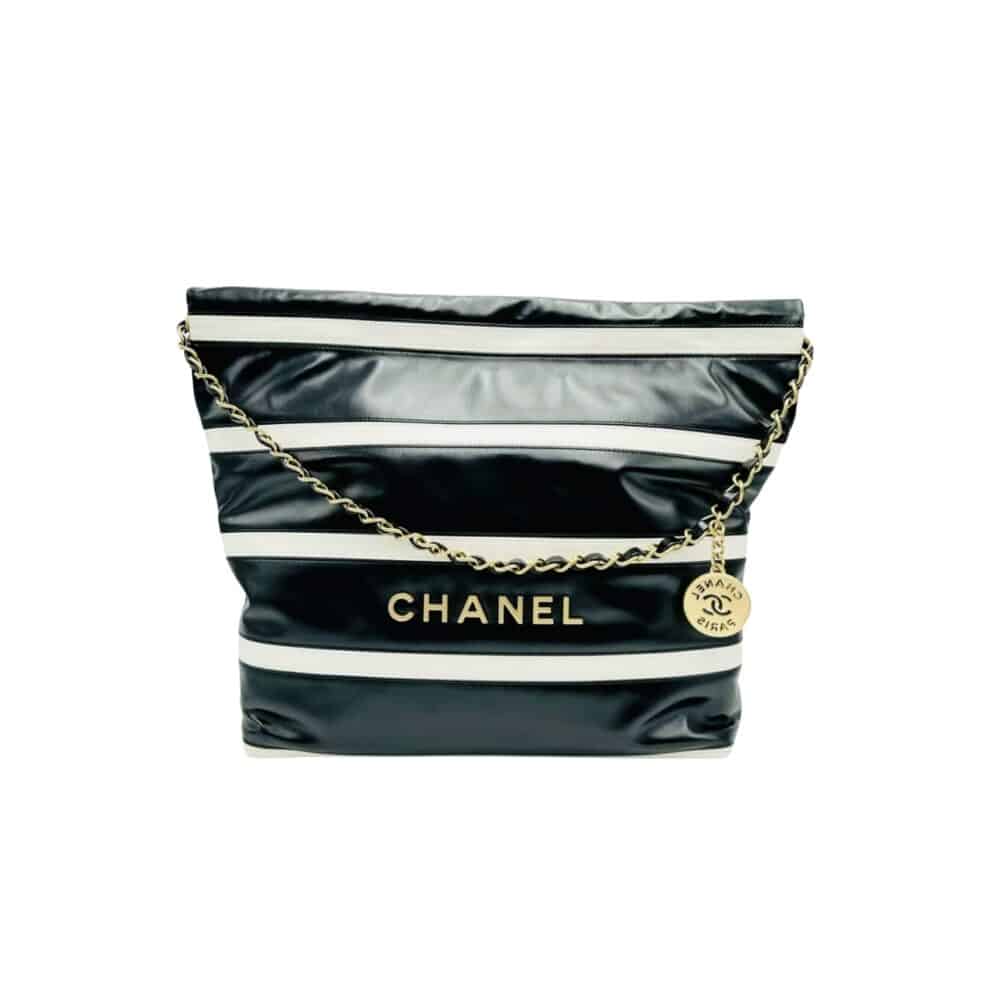 CHANEL 22 SMALL HANDBAG BLACK WHITE GOLD TONE METAL 30CM AS3260