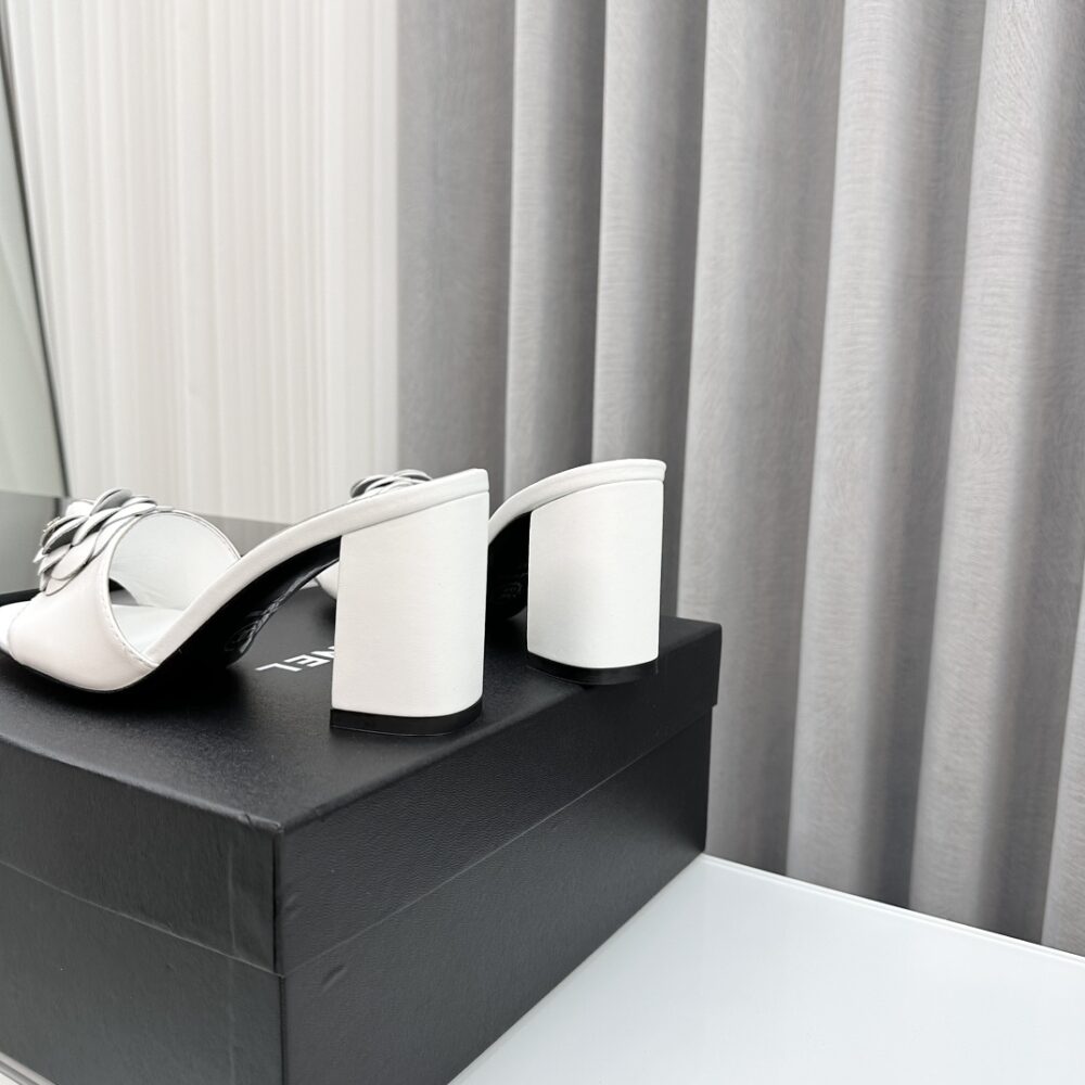CHANEL CAMELLIA MEDIUM HEEL SLIPPERS WHITE - Image 6