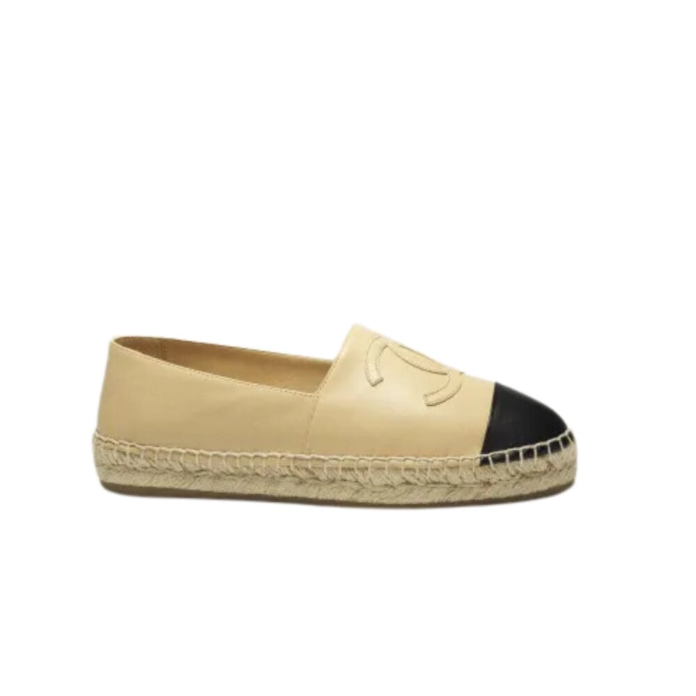 CHANEL CC ESPADRILLES SLIP ON SHEEPSKIN BEIGE BLACK G29762 X01000 C0204