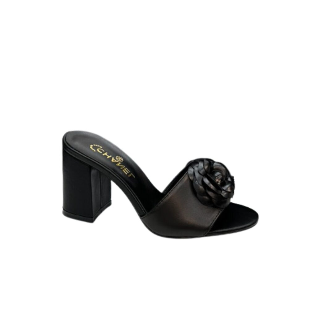 CHANEL CAMELLIA MEDIUM HEEL SLIPPERS BLACK