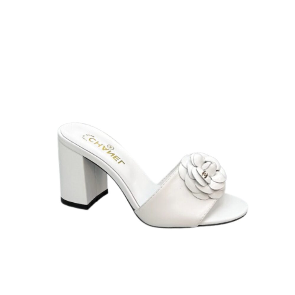 CHANEL CAMELLIA MEDIUM HEEL SLIPPERS WHITE