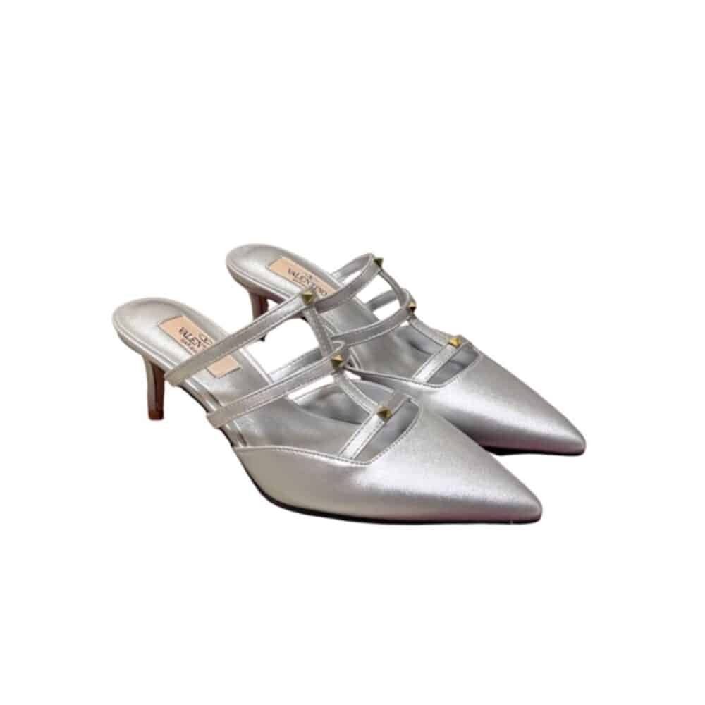 VALENTINO GARAVANI ROCKSTUD WISPY MULE IN CALFSKIN SILVER