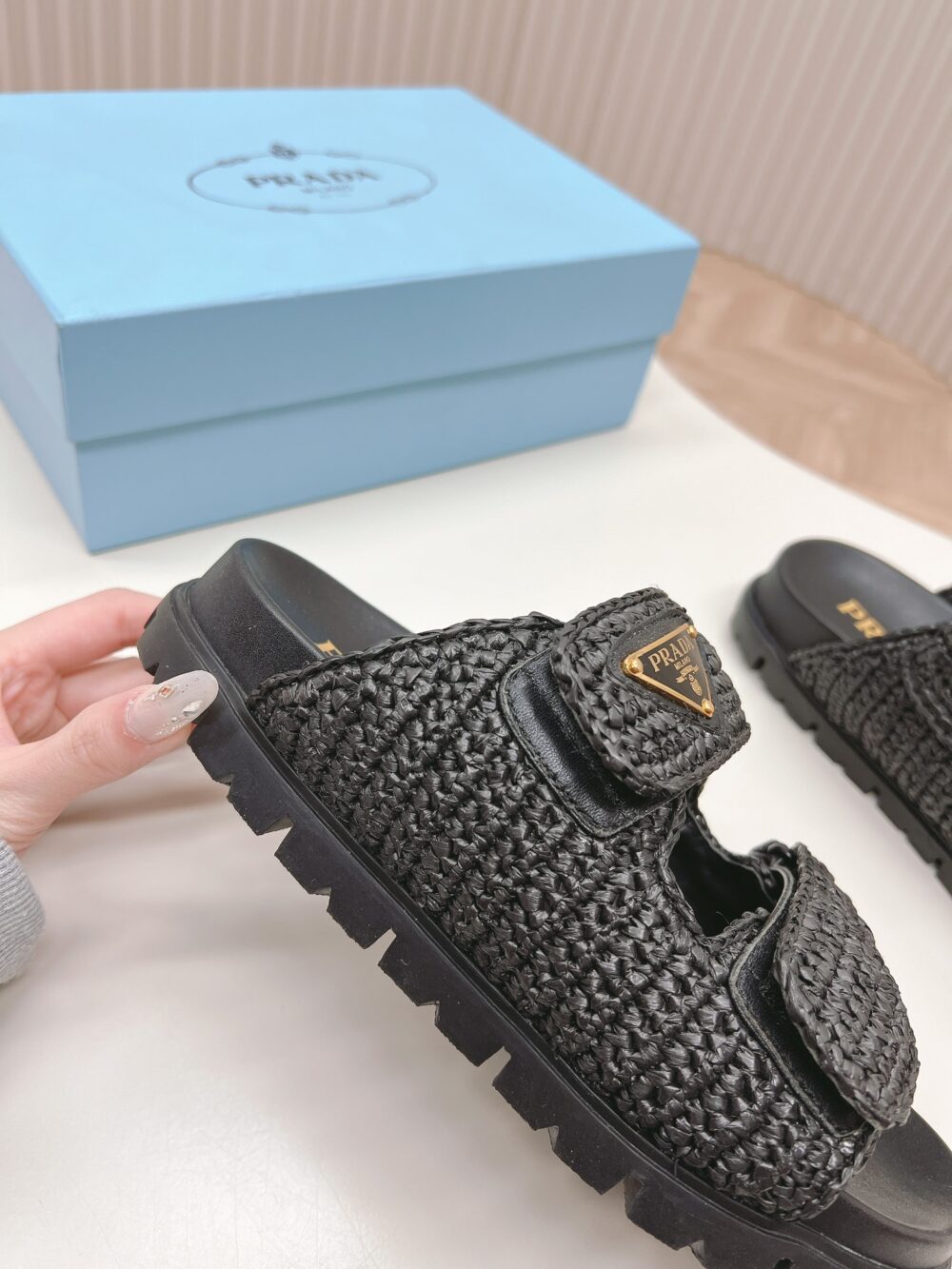 PRADA FUSSBETT RAFFIA DUAL BUCKLE SLIDE SANDALS BLACK - Image 3