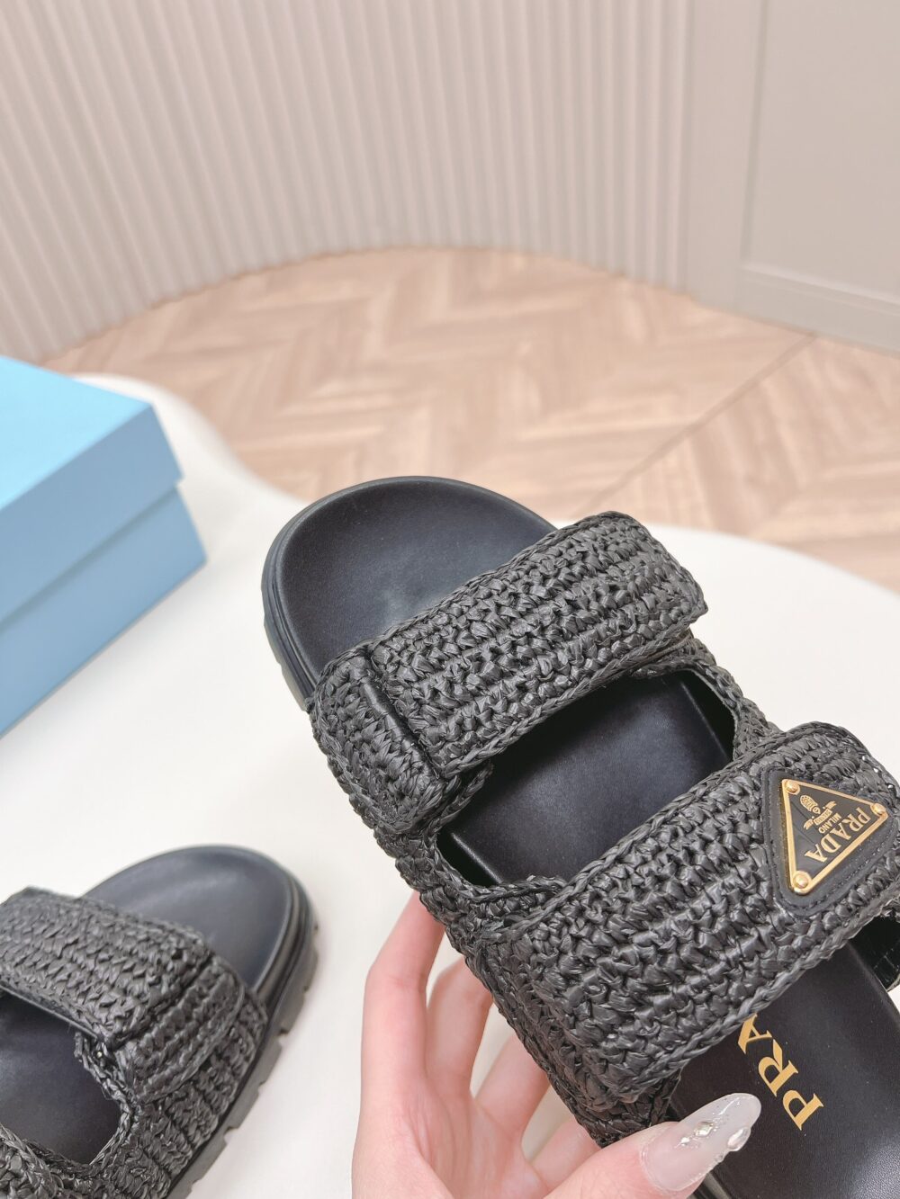 PRADA FUSSBETT RAFFIA DUAL BUCKLE SLIDE SANDALS BLACK - Image 5