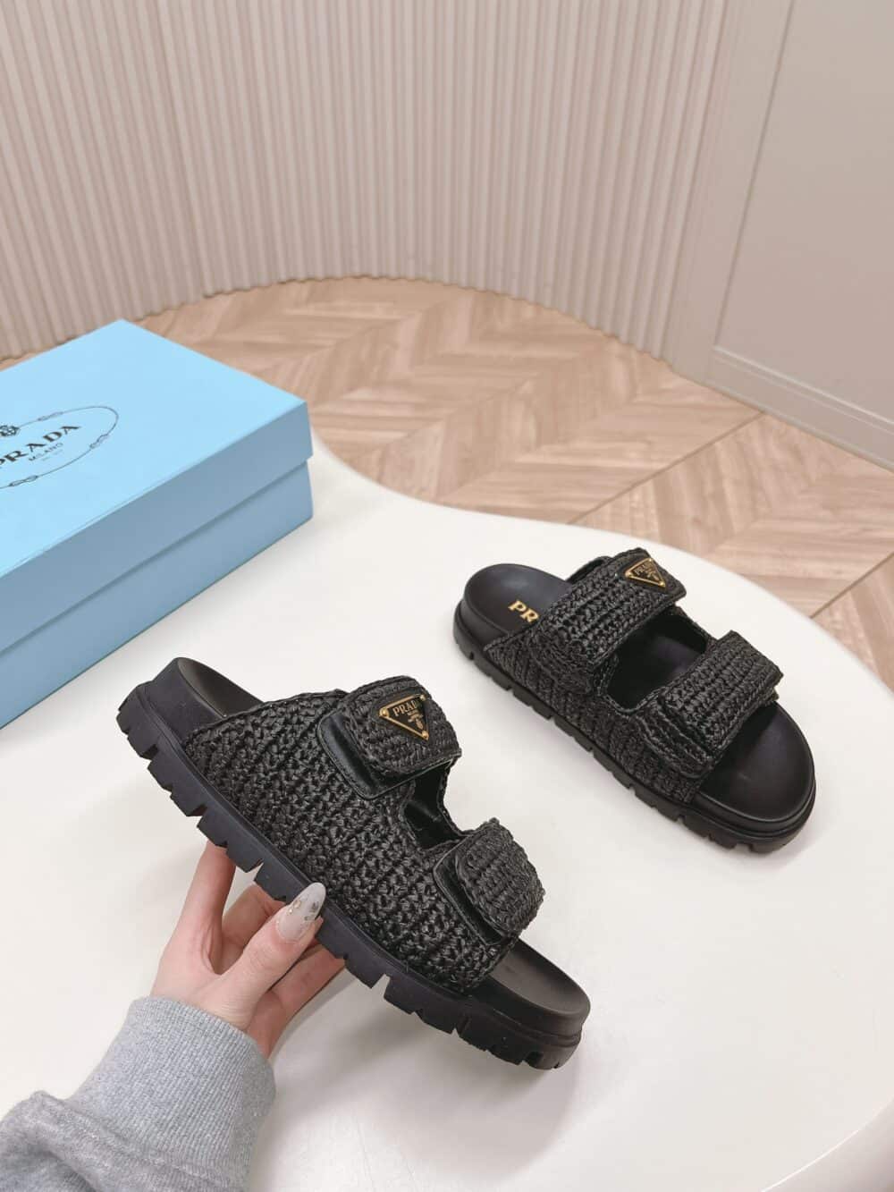 PRADA FUSSBETT RAFFIA DUAL BUCKLE SLIDE SANDALS BLACK - Image 6