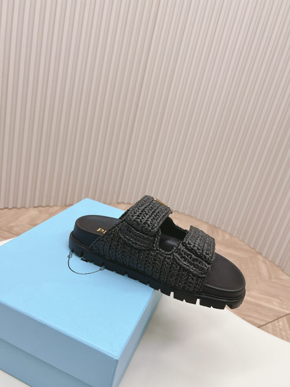PRADA FUSSBETT RAFFIA DUAL BUCKLE SLIDE SANDALS BLACK - Image 7