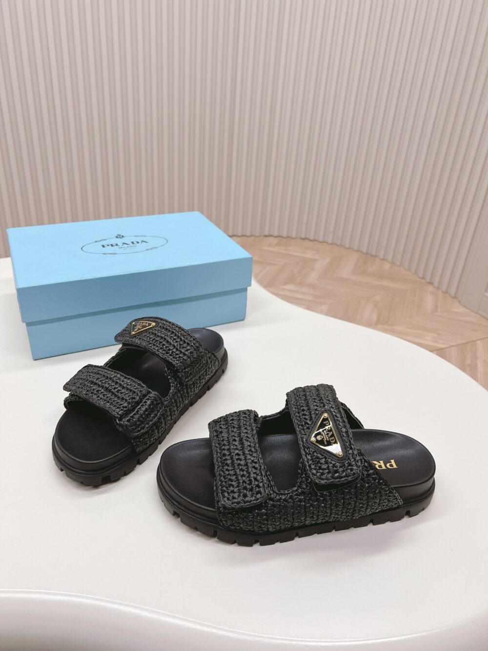 PRADA FUSSBETT RAFFIA DUAL BUCKLE SLIDE SANDALS BLACK - Image 8