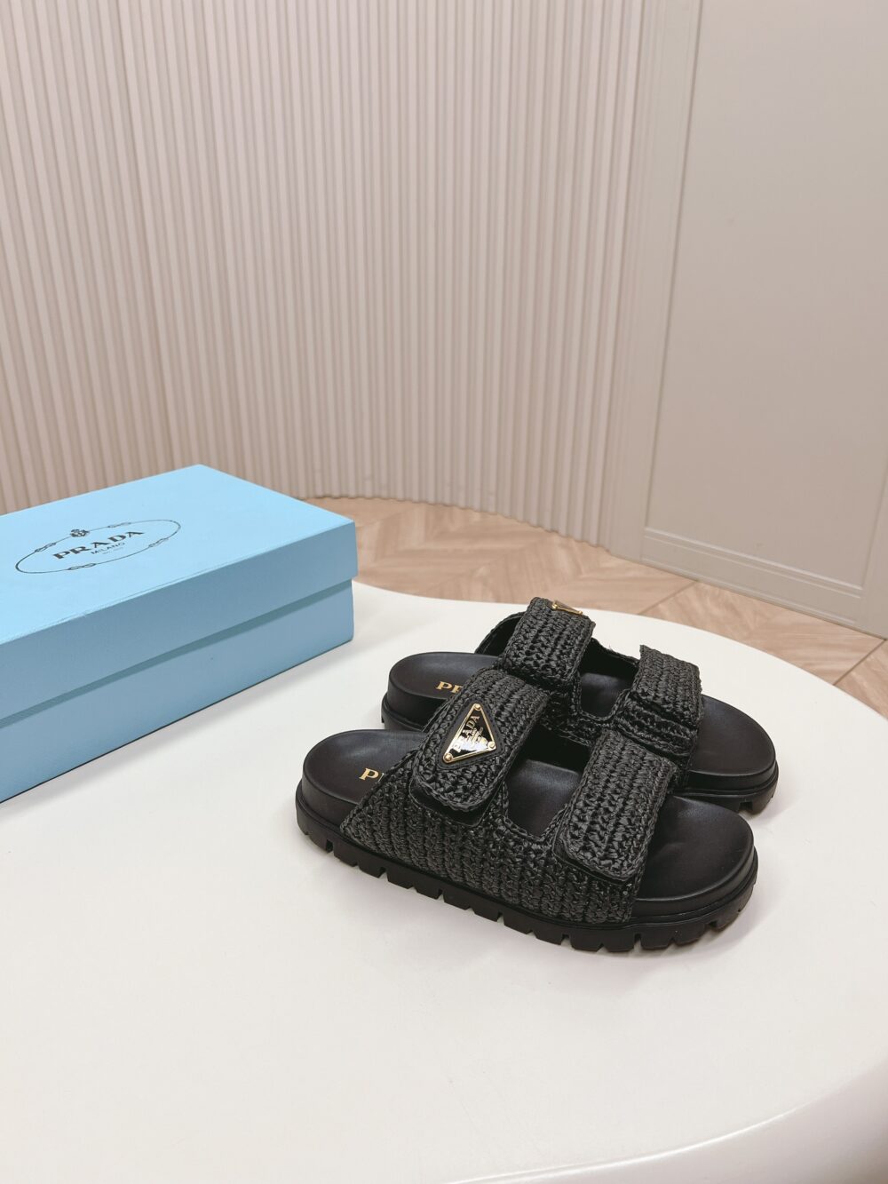 PRADA FUSSBETT RAFFIA DUAL BUCKLE SLIDE SANDALS BLACK - Image 9