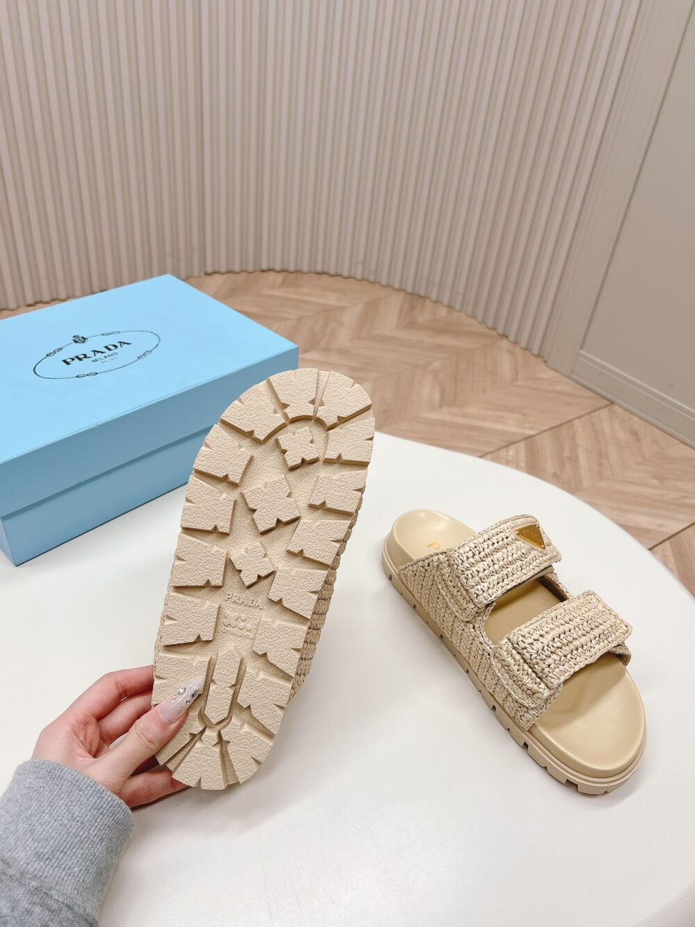 PRADA FUSSBETT RAFFIA DUAL BUCKLE SLIDE SANDALS BEIGE - Image 3
