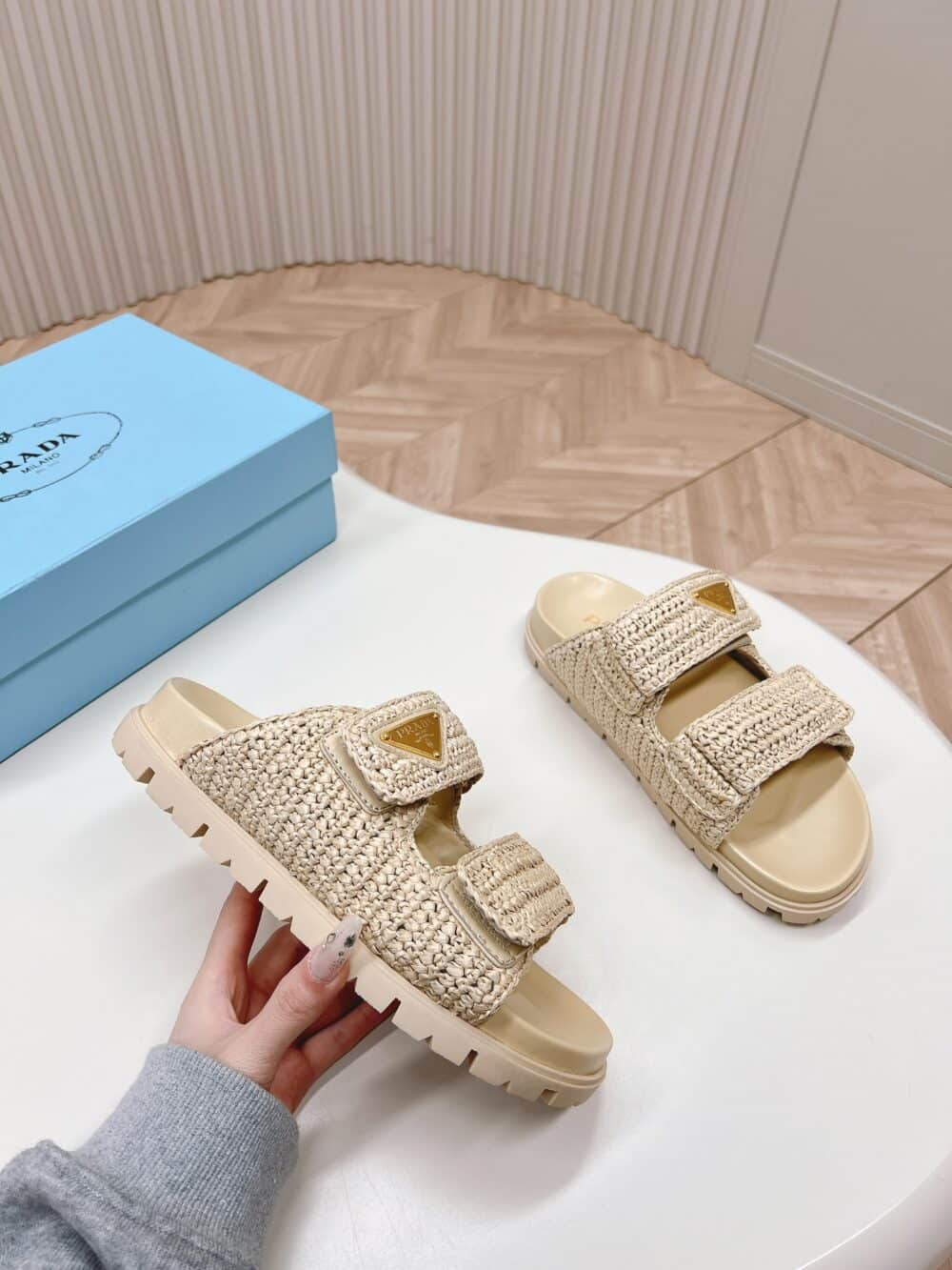 PRADA FUSSBETT RAFFIA DUAL BUCKLE SLIDE SANDALS BEIGE - Image 6