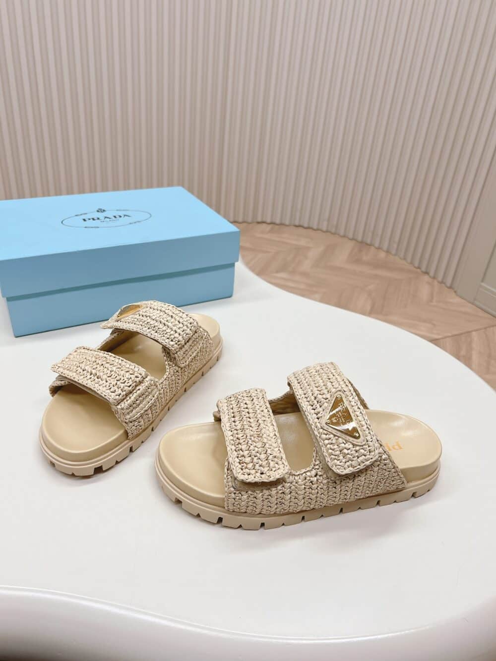 PRADA FUSSBETT RAFFIA DUAL BUCKLE SLIDE SANDALS BEIGE - Image 8
