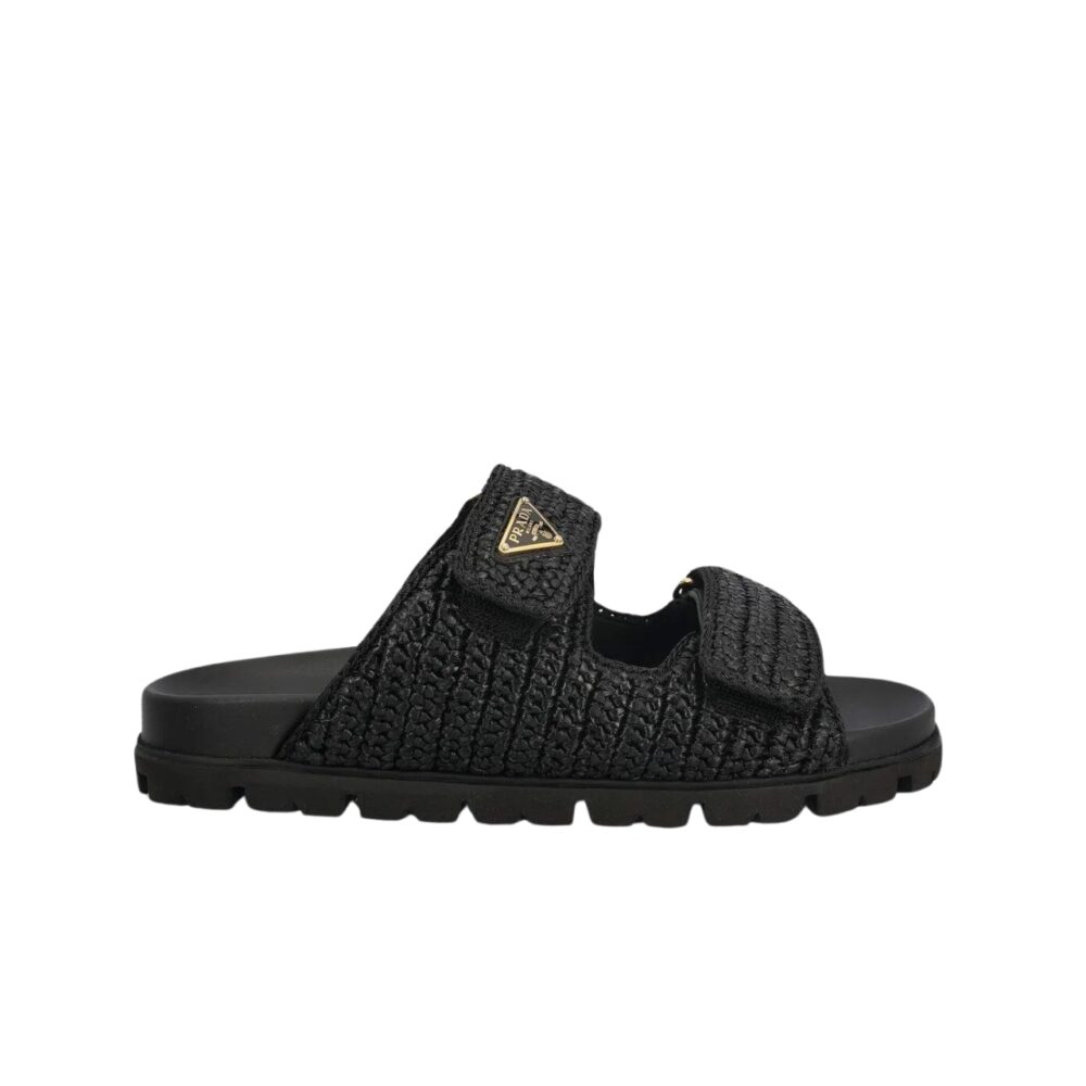 PRADA FUSSBETT RAFFIA DUAL BUCKLE SLIDE SANDALS BLACK