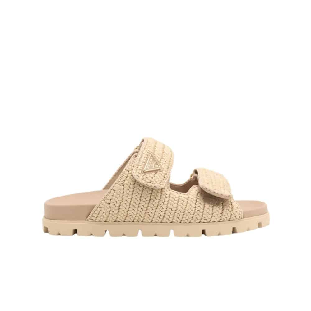 PRADA FUSSBETT RAFFIA DUAL BUCKLE SLIDE SANDALS BEIGE