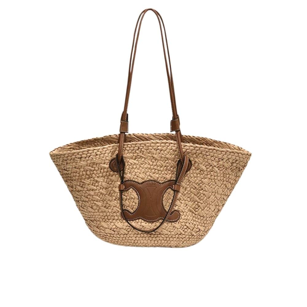 CELINE TRIOMPHE PANIER IN RAFFIA AND CALFSKIN TAN 31CM